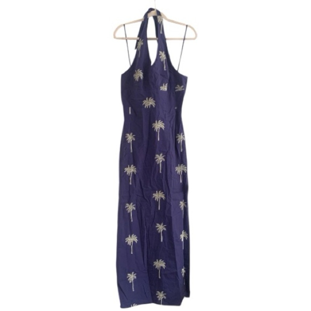 Tori Richard It's a Date River Dress Navy Palm Tree Embroidery Halter Maxi Dress - Picture 3 of 10